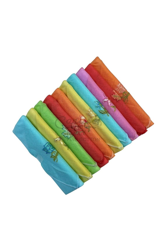 Women's Embroidered 100% Pure Cotton Handkerchief Lightcolor Pack of 10