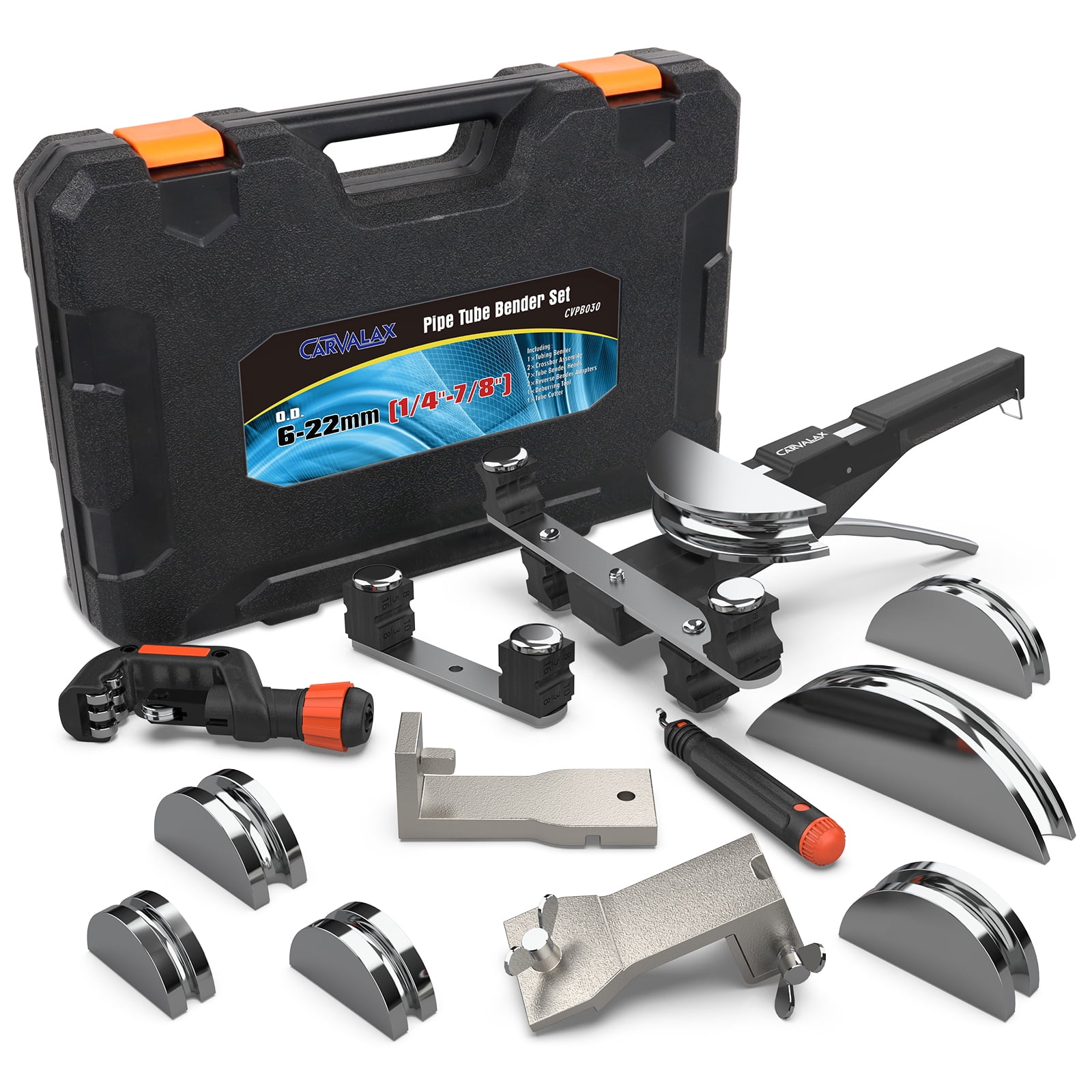 Carvalax Aluminum Pipe Tube Bender Set with 7 Electroplated Bender Heads, for 1/4” to 7/8” O.D, 90° Ratcheting Tubing Bender w/Reverse Bending Adapters, for HVAC, Air Conditioning, and Hydraulic Work