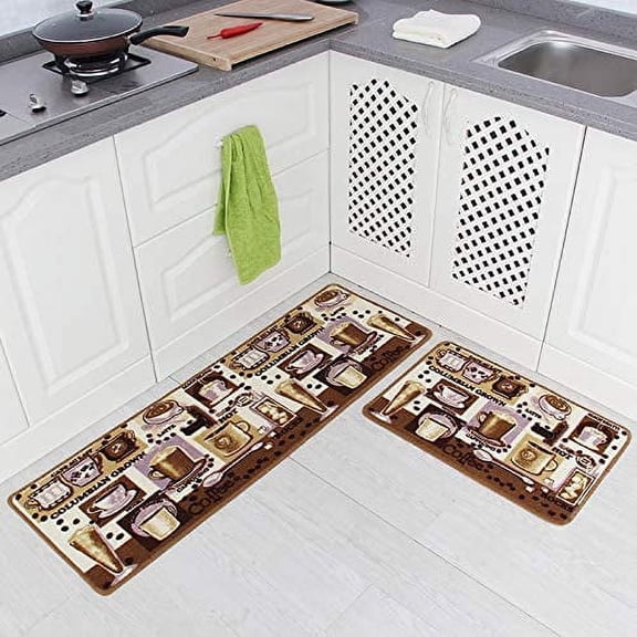 Carvapet 2 Pieces Non-Slip Kitchen Mat Set Rubber Backing Doormat Runner Rug Set, Coffee Design (Brown 15"x47"+15"x23")