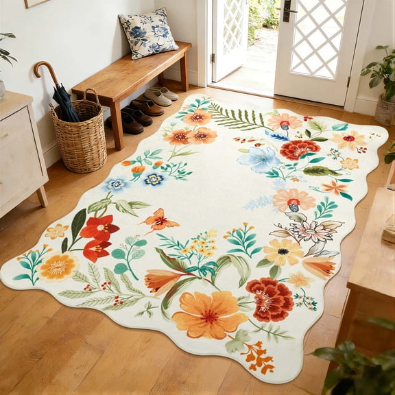 Carvapet 5'x7' Floral Living Room Rugs, Ultra-Thin Soft Area Rugs for Bedroom, Non-Slip Washable Boho Rug Low-Pile Throw mat for ‎Dining Room Office, Beige