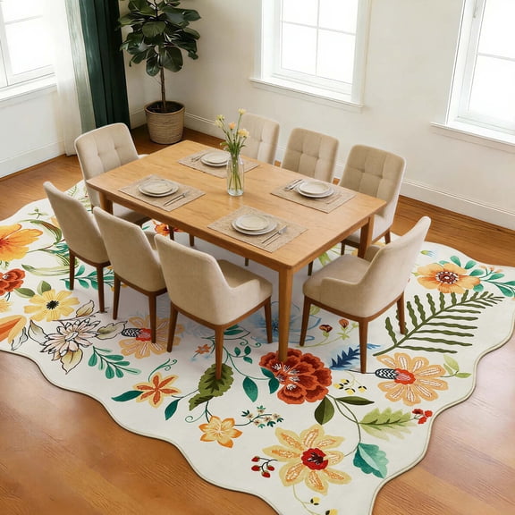 Carvapet 6'x9' Floral Living Room Rugs, Ultra-Thin Soft Area Rugs for Bedroom, Non-Slip Washable Boho Rug Low-Pile Throw mat for Dining Room Office, Beige