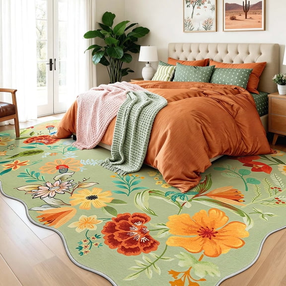 Carvapet 9'x12' Floral Living Room Rugs, Ultra-Thin Soft Area Rugs for Bedroom, Non-Slip Washable Boho Rug Low-Pile Throw mat for Dining Room Office, Green