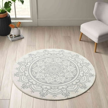 Carvapet Round Area Rug for Living Room, Non Slip Machine Washable Bathroom Rugs, Extra Soft Rugs for Bedroom, Boho Mandala Print Circle Rugs, 2ft Round Beige