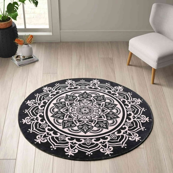 Carvapet Round Area Rug for Living Room, Non Slip Machine Washable Bathroom Rugs, Extra Soft Rugs for Bedroom, Boho Mandala Print Circle Rugs, 2ft Round Black