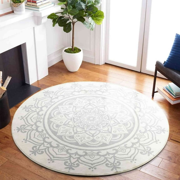 Carvapet Round Area Rug for Living Room, Non Slip Machine Washable Bathroom Rugs, Extra Soft Rugs for Bedroom, Boho Mandala Print Circle Rugs, 3ft Round Beige