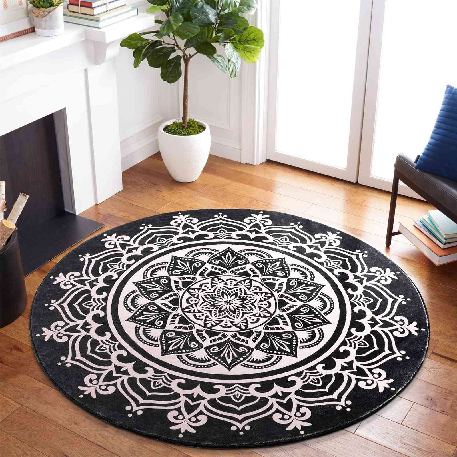Carvapet Round Area Rug for Living Room, Non Slip Machine Washable Bathroom Rugs, Extra Soft Rugs for Bedroom, Boho Mandala Print Circle Rugs, 3ft Round Black
