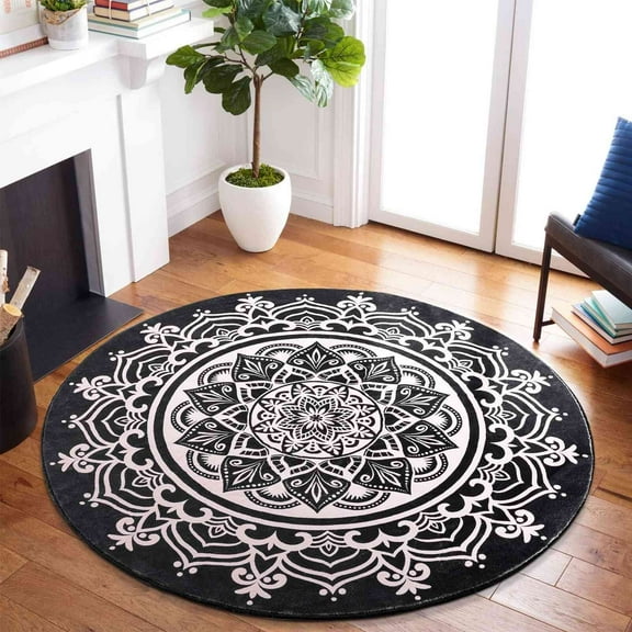 Carvapet Round Area Rug for Living Room, Non Slip Machine Washable Bathroom Rugs, Extra Soft Rugs for Bedroom, Boho Mandala Print Circle Rugs, 3ft Round Black