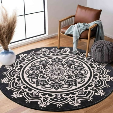 Carvapet Round Area Rug for Living Room, Non Slip Machine Washable Bathroom Rugs, Extra Soft Rugs for Bedroom, Boho Mandala Print Circle Rugs, 4ft Round Black