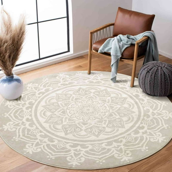 Carvapet Round Area Rug for Living Room, Non Slip Machine Washable Bathroom Rugs, Extra Soft Rugs for Bedroom, Boho Mandala Print Circle Rugs, 4ft Round Grey
