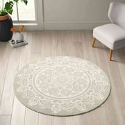 Carvapet Round Area Rug for Living Room, Non Slip Machine Washable Bathroom Rugs, Extra Soft Rugs for Bedroom, Boho Mandala Print Circle Rugs, 2ft Round Grey
