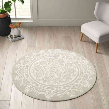 Carvapet Round Area Rug for Living Room, Non Slip Machine Washable Bathroom Rugs, Extra Soft Rugs for Bedroom, Boho Mandala Print Circle Rugs, 2ft Round Grey