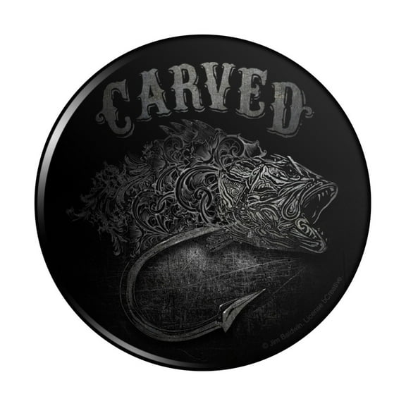 Carved Bass Fish Fishing Hook Pinback Button Pin
