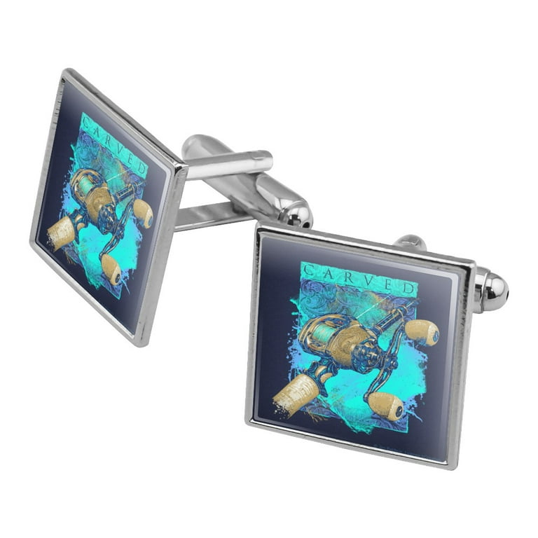 Carved Bass Fishing Rod Baitcaster Reel Square Cufflink Set - Silver or Gold