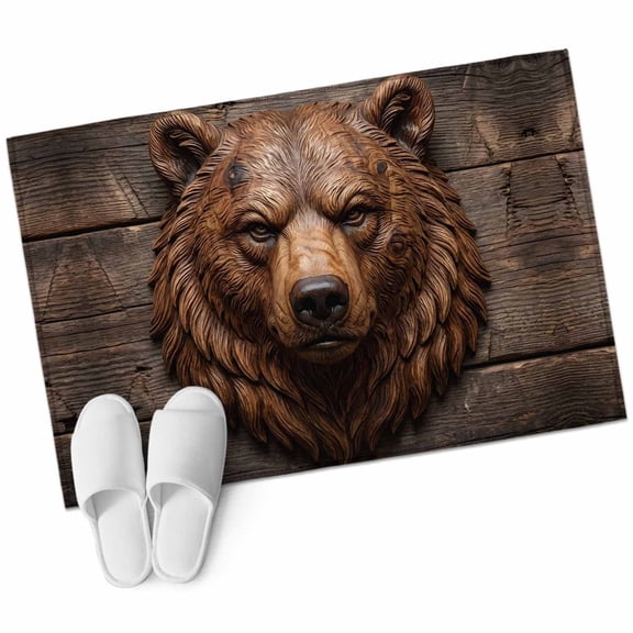 Carved Bear Head Bathroom Rug Washable 2x3 Entryway Rug Non Slip Rustic Wood Cabin Lodge Brown Front Door Mat Low Pile Indoor Doormat Throw Floor Carpet for Kitchen Bedroom Entrance