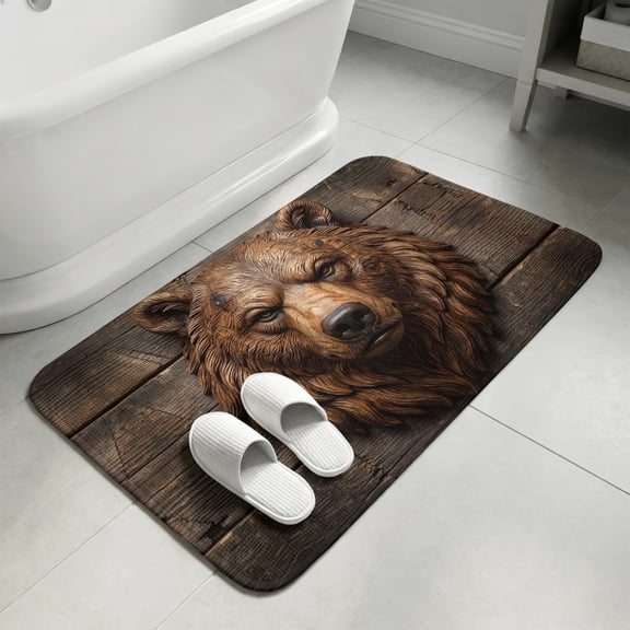 Carved Bear Head Bathroom Rugs Non Slip Washable Bath Mat Absorbent Low Pile Front Door Mat Rustic Wood Cabin Lodge Brown Indoor Doormat for Kitchen Entryway Shower Decor Accessories 15.7"x23.6"