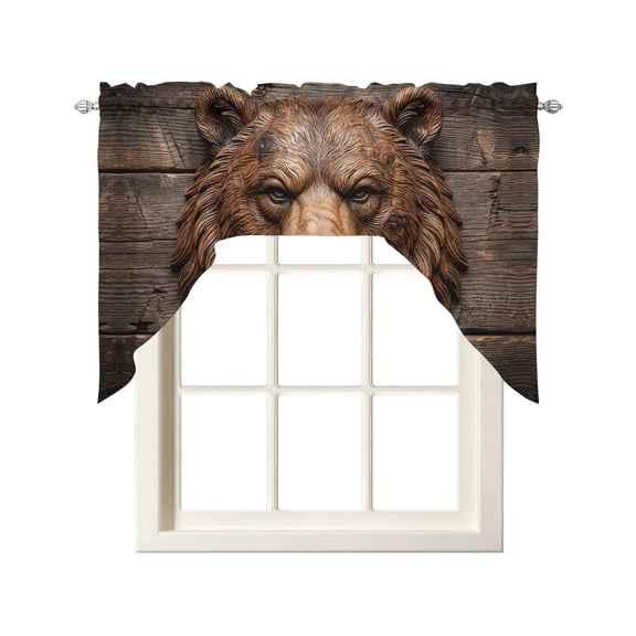 Carved Bear Head Kitchen Swag Valances for Windows, Rustic Wood Cabin Lodge Brown Swag Valances Curtains for Living Room, Rod Pocket Window Treatments for Bathroom, Bedroom, Cafe, 56"x36"