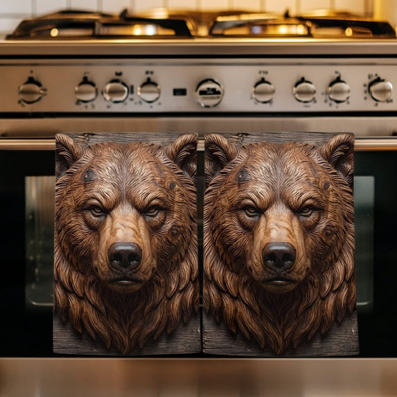 Carved Bear Head Kitchen Towels Set of 1, Rustic Wood Cabin Lodge Brown Absorbent Dish Towels for Kitchen, Microfiber Hand Towel, Quick Drying Tea Towel for Cleaning Decorative Dishcloths
