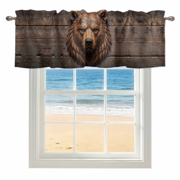 Carved Bear Head Kitchen Valances for Windows 42x12 Inch Kitchen Curtains Valances Rod Pocket Rustic Wood Cabin Lodge Brown Bathroom Window Valances for Window Treatment Decor