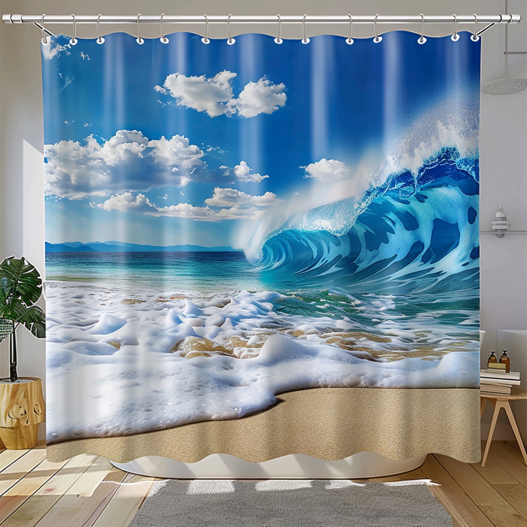 Carved Blue Wave Ocean Scene Shower Curtain Ultra Realistic Watercolor