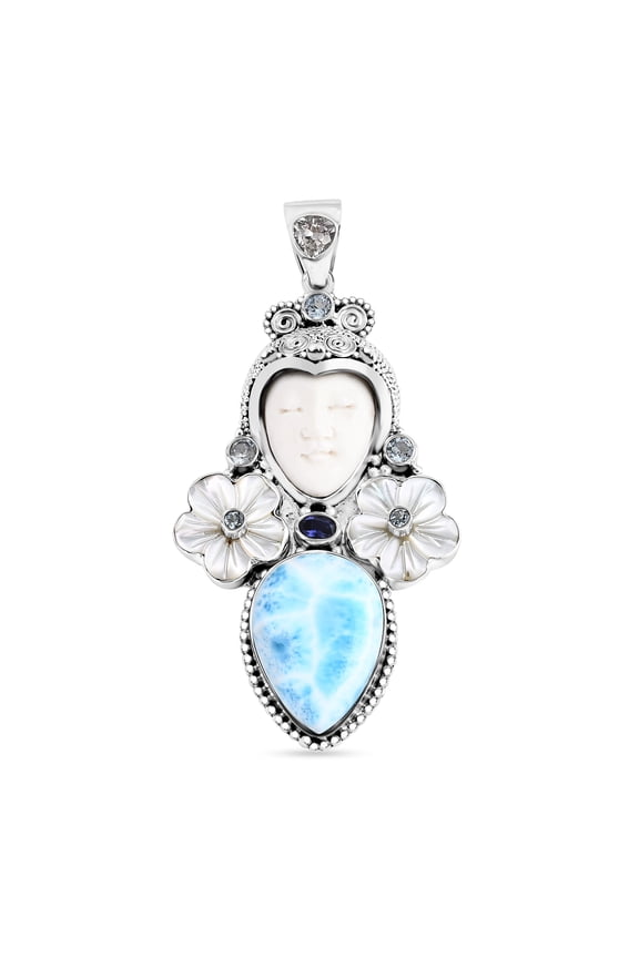 Carved Bone and Multi Gemstone 30.40 ctw Pendant in Sterling Silver Birthday Christmas Gifts