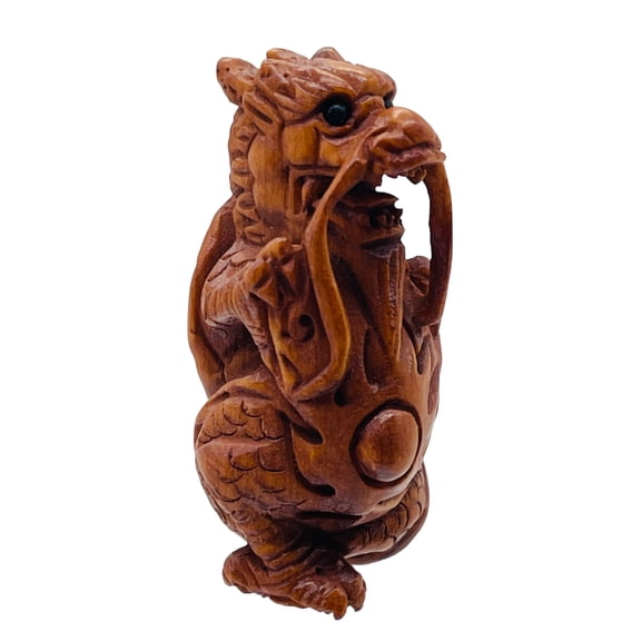 Carved Boxwood Warrior Dragon & Sun Ojime/Netsuke Bead | 27.5x14x13mm | Brown | 1 Beads