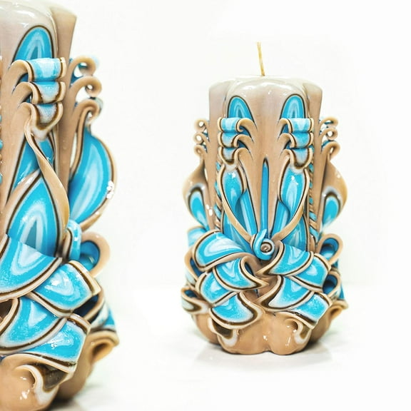 Carved Candle Artisan, Handcrafted Decorative Dipped Candle, Home Decor, Fancy Unique Birthday Gift, Easter Gift, Candle, Present for mom, Brown Blue, Ocean 6"