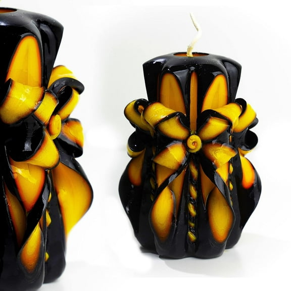 Carved Candle Artisan, Handcrafted Decorative Dipped Candle, Home Decor, Fancy Unique Birthday Gift, Mother's day, Candle, Present for mom, Black Yellow, Dark Night Flower 5"
