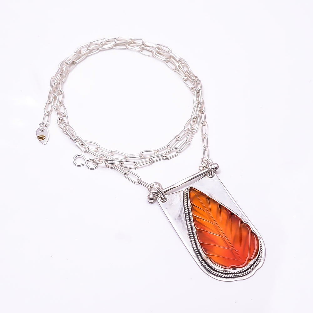 Carved Carnelian -Brazil 925 Sterling Silver Chain Pendant 19-23 ...