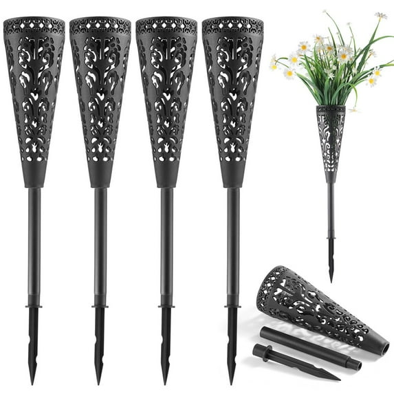 Carved Cemetery Vase 4 Set, Grave Vase with Long Spike, Memorial Vase with Stake, Mausoleum Crypt Vase with Drain Hole, Dry Flower Stand Holder for Garden Decoration Memorial Day Lawn
