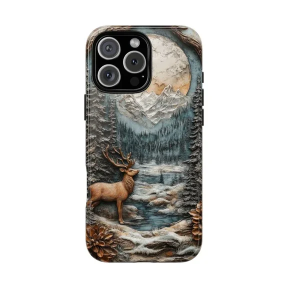 Carved Deer Mountain Wooden Style Protective Case for iPhone 11 12 13 14 15 16 17 Pro Max