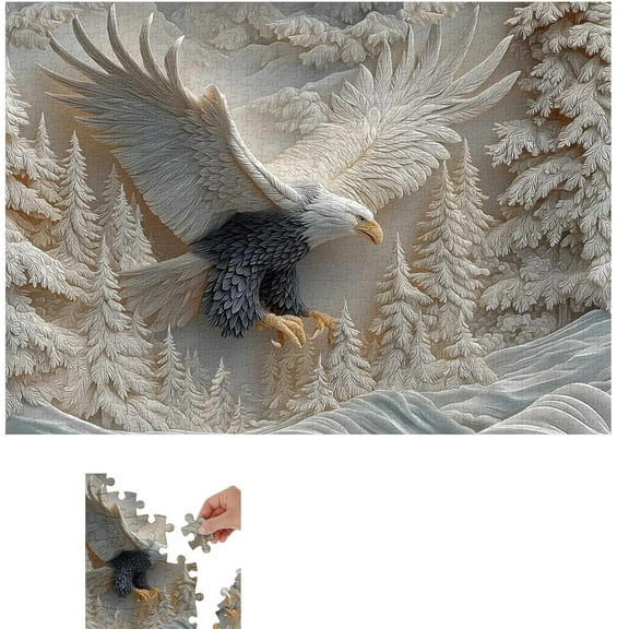The Carved Eagle Jigsaw Puzzle 1000 Pieces, Bald Eagle in Flight Wildlife Art Puzzle, Challenging and Artistic Carved Forest Design Puzzles Game for Family Activity & Home Wall Decoration