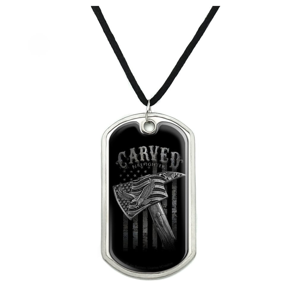 Carved Firefighter American Flag Axe Military Dog Tag Pendant