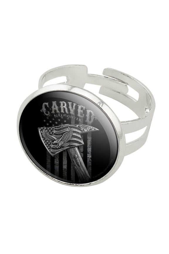 Carved Firefighter American Flag Axe Silver Plated Adjustable Novelty Ring