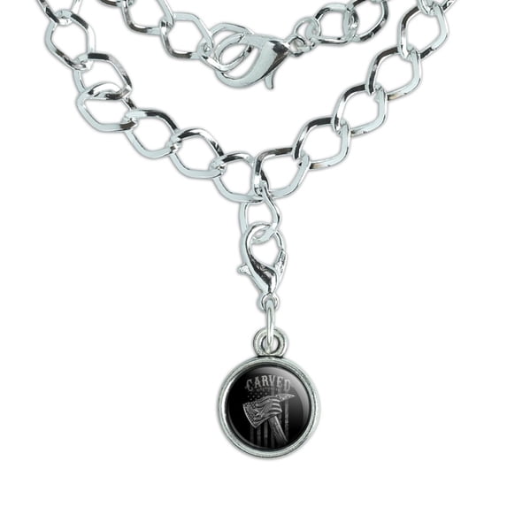 Carved Firefighter American Flag Axe Silver Plated Bracelet with Antiqued Charm