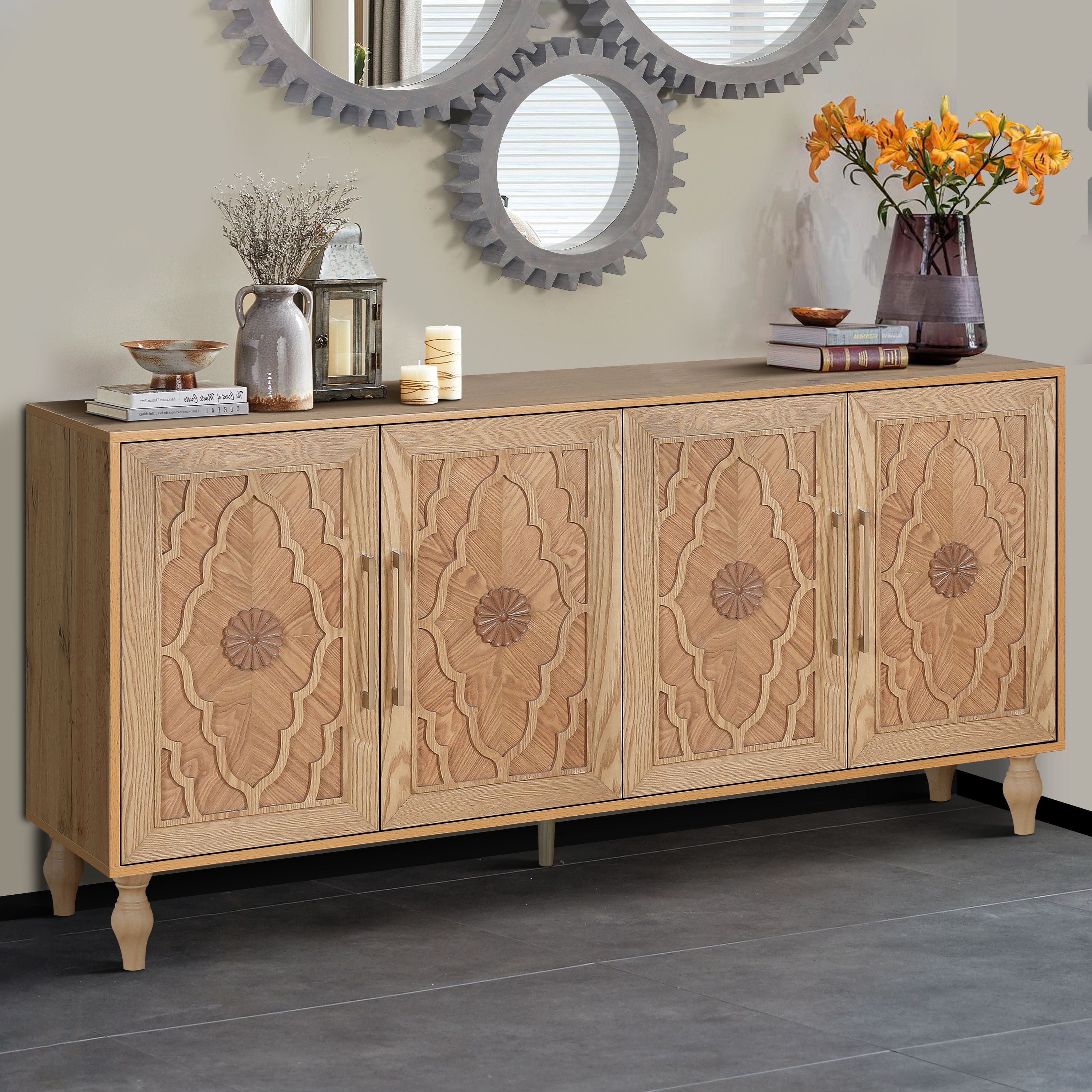 Carved Flower Door Large Storage Cabinet With Metal Handle Suitable For Living Room, Kitchen, Entryway