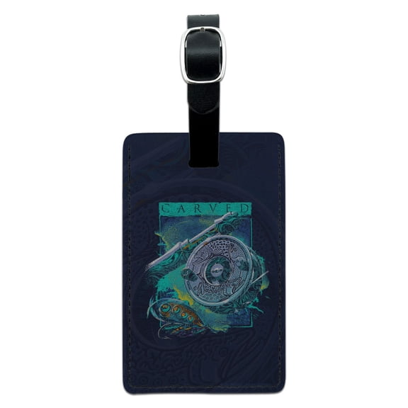 Carved Fly Fishing Trout Rod Reel Rectangle Leather Luggage Card Suitcase Carry-On ID Tag