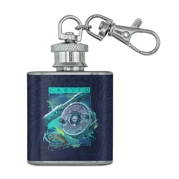 Carved Fly Fishing Trout Rod Reel Stainless Steel 1oz Mini Flask Key Chain