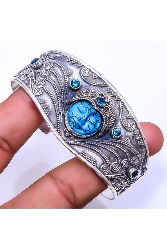 Carved Goddess - Copper Blue Turquoise & Blue Topaz 925 Silver Bali Cuff 6.99"