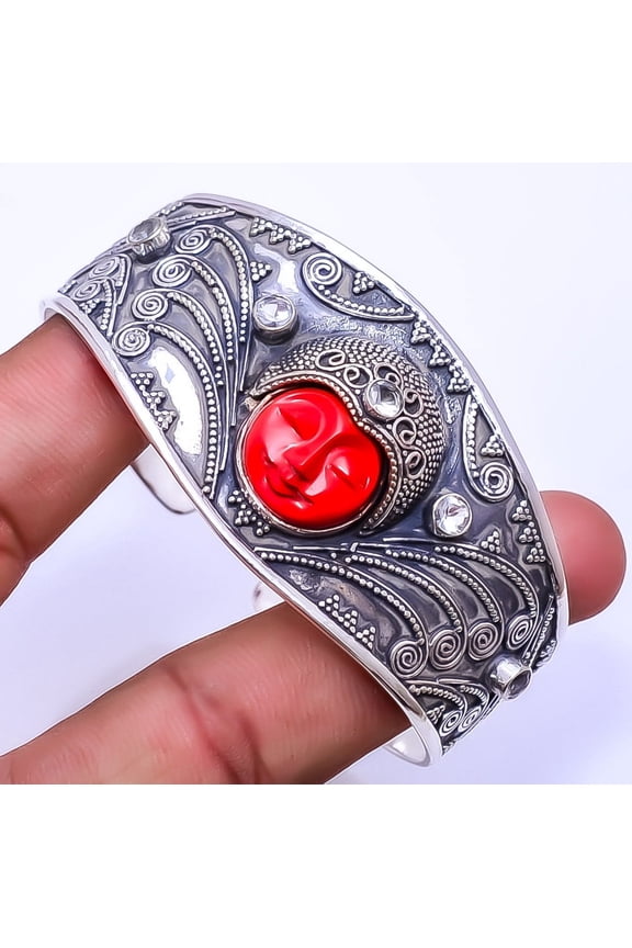 Carved Goddess - Red Coral & White Topaz 925 Sterling Silver Bali Cuff 6.99" C6, Beautiful Jewelry For Woman, New Year Sale, Valentin's Day Gift