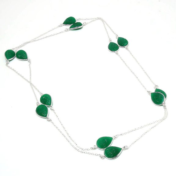 Carved Green Onyx Pear Shape Gemstone Necklace Antique Chain Jewelry 36" CH 6281