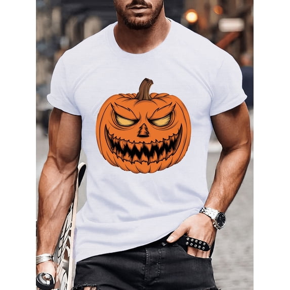 Carved Halloween Pumpkin Illustration Print Tee Shirt, Tees For Men, Casual Short Sleeve T-shirt