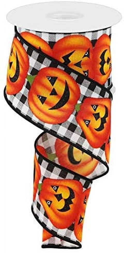 GIFTWRAP ETC Carved Jack-O'-Lanterns Plaid Wired Ribbon - 2 1/2" x 10 Yards, Black White Buffalo Plaid, Fall Decor, Rustic Orange Pumpkins, Bows, Wreath, Halloween, Thanksgiving