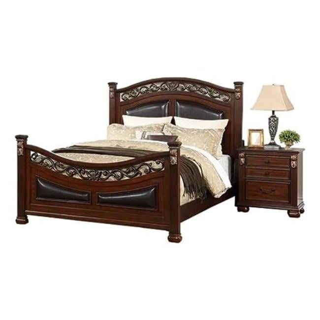 King Size Oak Brown Wood Frame Bed with Carved Headboard