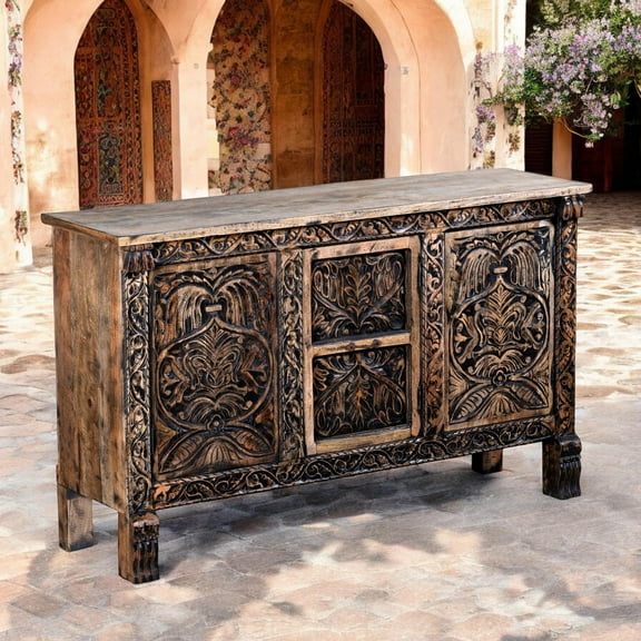 Carved Mango Wood Cabinet Moroccan Style Storage Decorative Wood Storage Sideboard Beautiful Boho Flair 3 Door