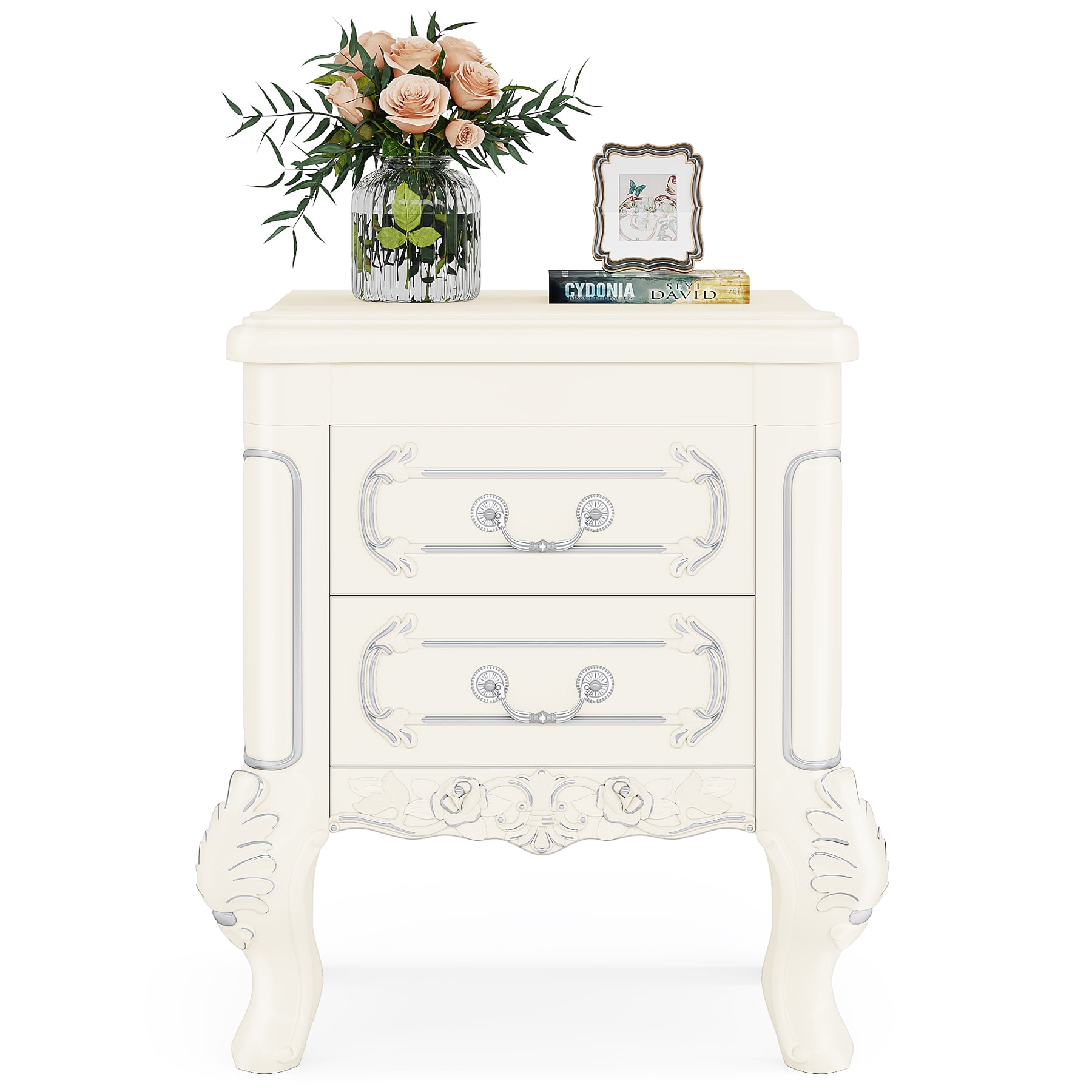 Cream White Carved Wood Nightstand with Silver Accents and 2 Drawers