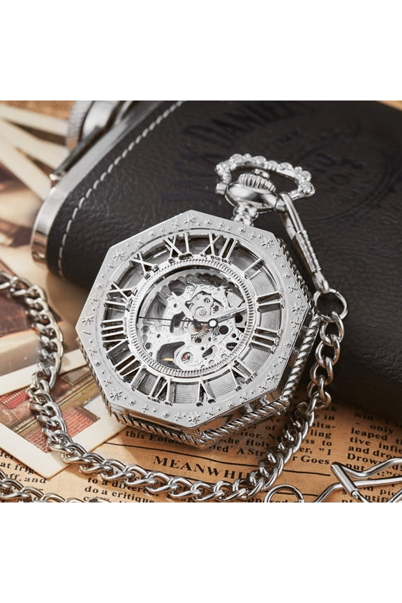 Carved Octagonal Mechanical Pocket Watch Retro Rome