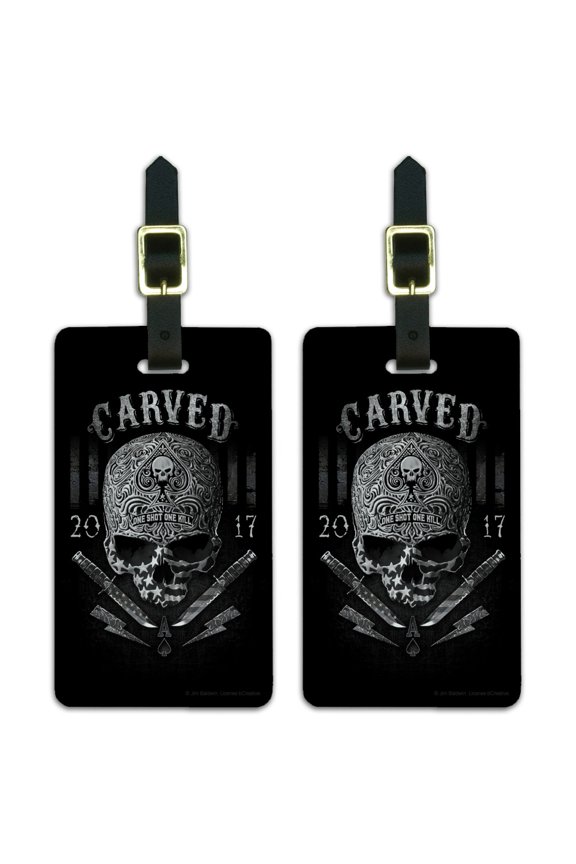Carved One Shot Kill USA Flag Skull Tactical Luggage ID Tags Suitcase Carry-On Cards - Set of 2