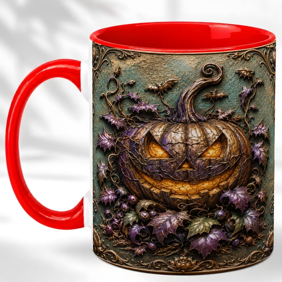 Carved Pumpkin Coffee Mug, Halloween Bat Mug, Ceramic 11 oz
