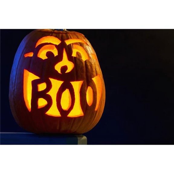 Carved Pumpkin Glowing with The Word Boo Carved in Mouth - Calgary Alberta Canada Poster Print - 38 x 24 in. - Large