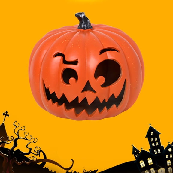Carved Pumpkin Halloween Decoration with LED Light, Jack O Lantern Prop, Spooky Home Bar Scene Display, Indoor Tabletop Decor (Batteries Not Included)